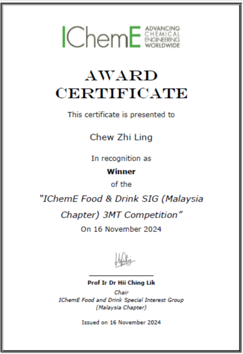 CME Students Triumph at IChemE Food & Drink Special Interest Group 3-Minute Thesis Competition certificate 1