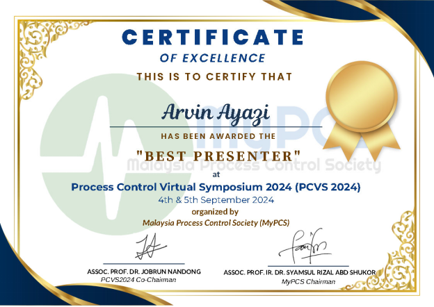 Chemical Engineering Student Receives Best Presentation Award at PCVS 2024 for Research on Acetone Production