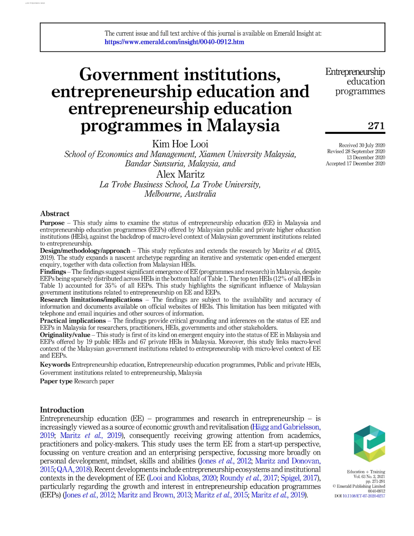 Dr. Looi Kim Hoe Publishes Article on Malaysia Entrepreneurship Education in SSCI Journal (1)