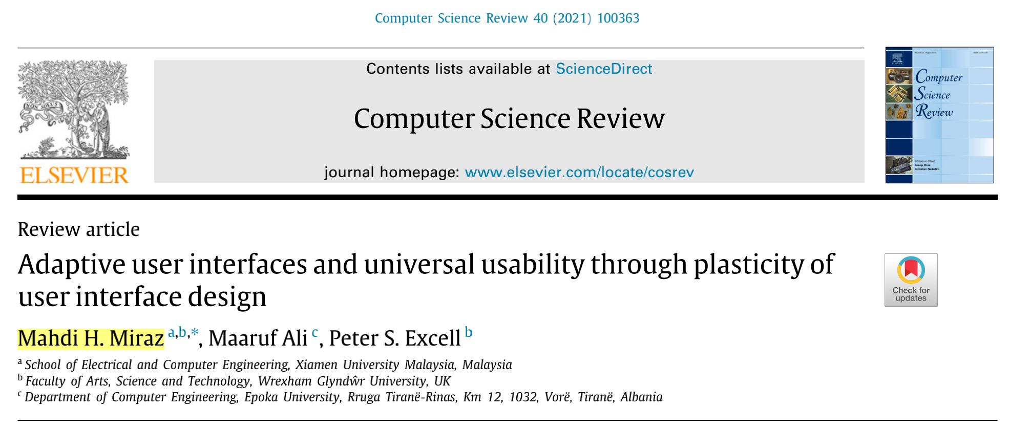 Dr. Mahdi H. Miraz Publishes in Top SCI Journal in Computer Science