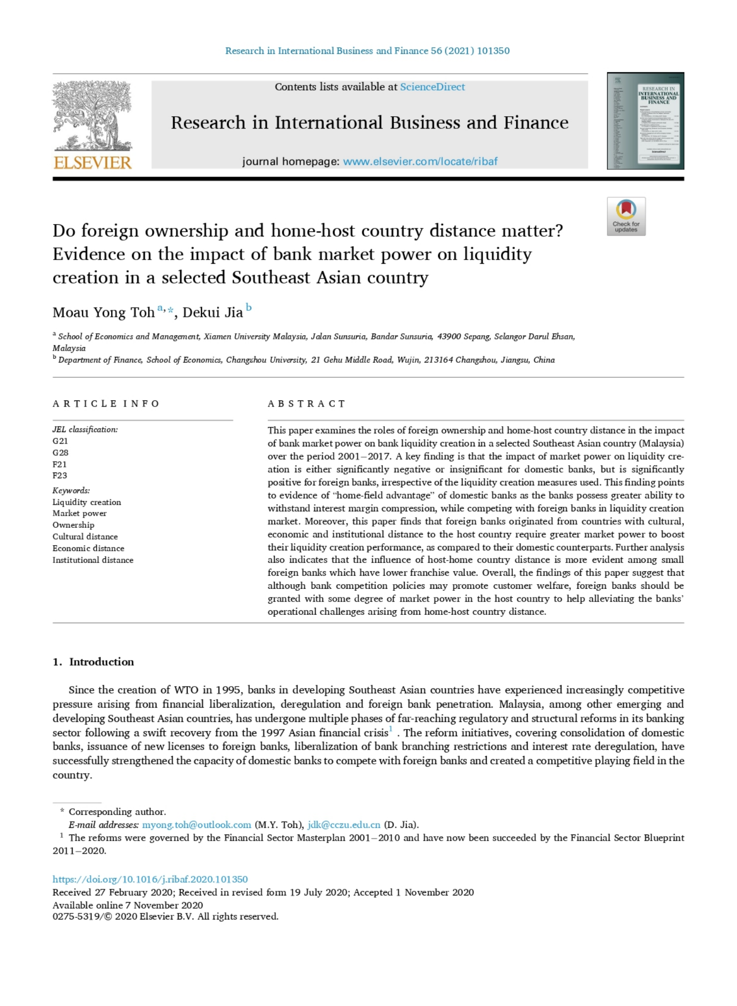 Dr. Toh Moau Yong Publishes in SSCI Journal (Finance Category)