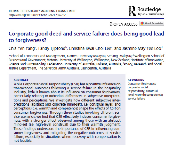 Dr. Yang Chia Yen Publishes in Journal of Hospitality Marketing & Management
