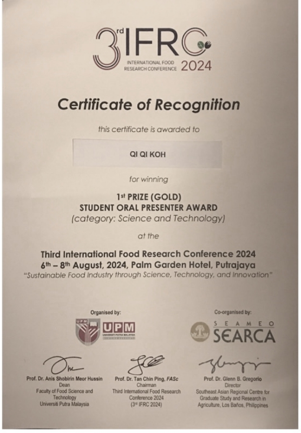 NESE Master Student Receives 1st Prize of Student Oral Presenter Award in 3rd International Food Research Conference