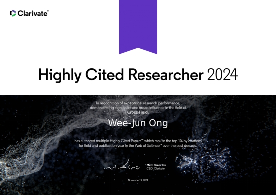 Prof. Ong Wee Jun Named Clarivate Highly Cited Researcher for the Sixth Consecutive Year (1)