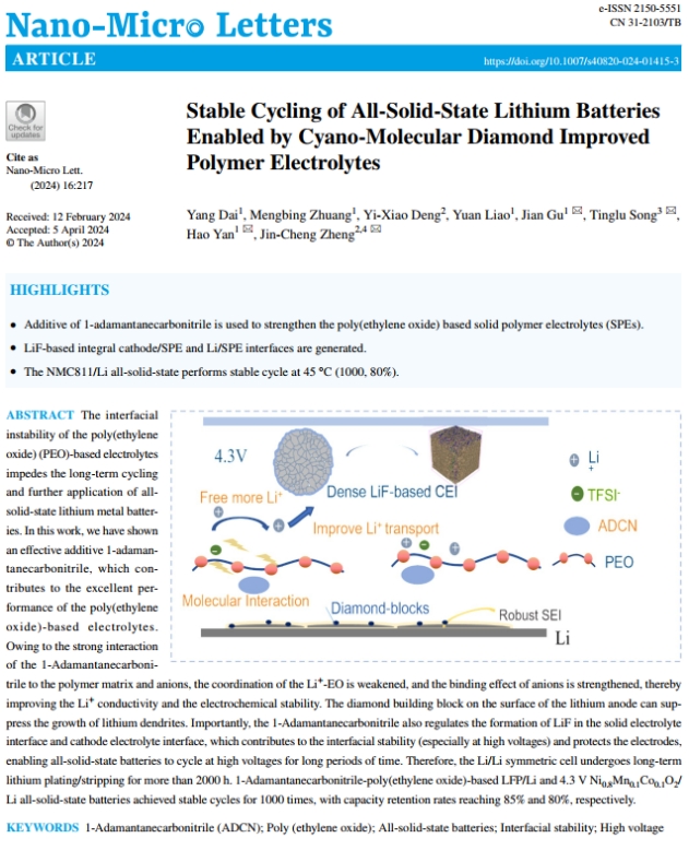 Prof. Zheng Jin-Cheng Publishes in the Nano-Micro Letters