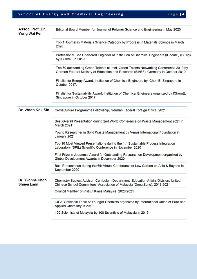 Research and Innovation Achievements School of Energy and Chemical Engineering
