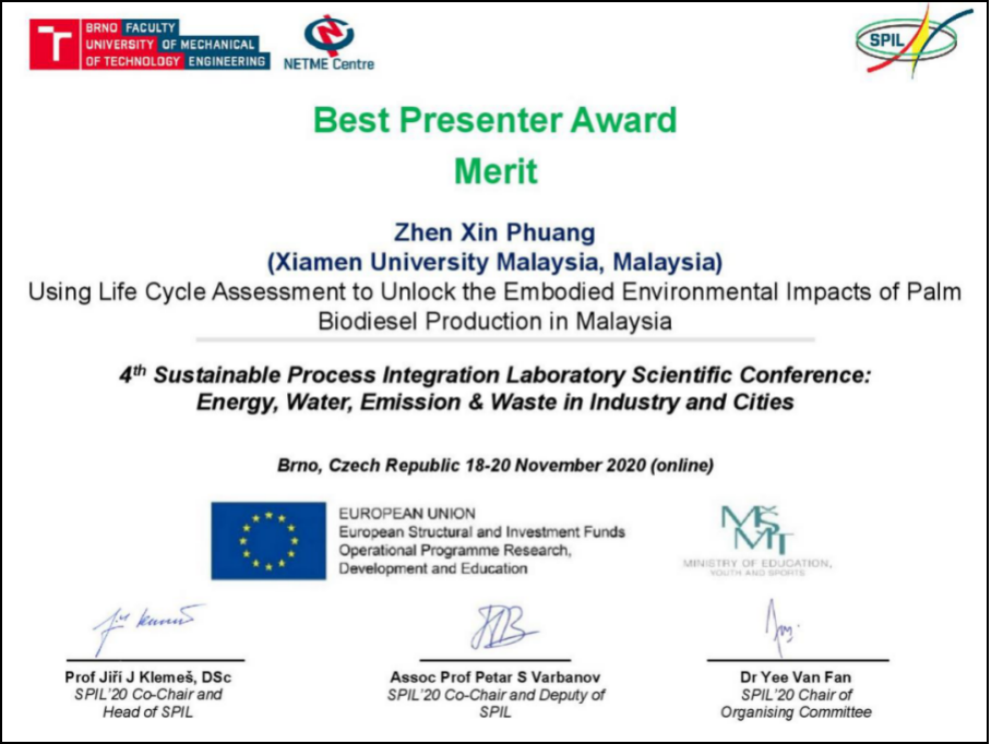 XMUM Undergraduate Receives Merit for Best Presenter Award in SPIL’20 Conference (2)