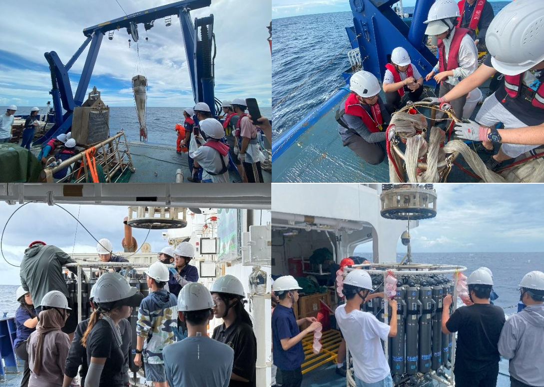 Students and crew aboard R/V Tan Kah Kee conduct oceanographic sampling in open waters.  Using the ship’s crane system, they deploy large plankton nets and operate the CTD Rosette  system to collect seawater samples and measure temperature, salinity, and depth profiles under  the guidance of onboard scientists. 