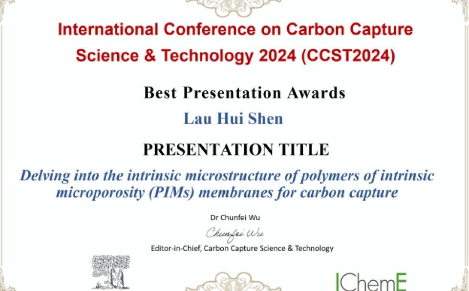 CME PhD Student Wins Best Oral Presentation Award at 3rd International Conference on Carbon Capture Science and Technology