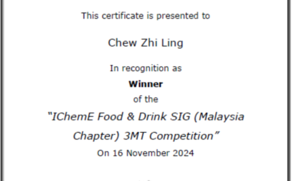 CME Students Triumph at IChemE Food & Drink Special Interest Group 3-Minute Thesis Competition certificate 1