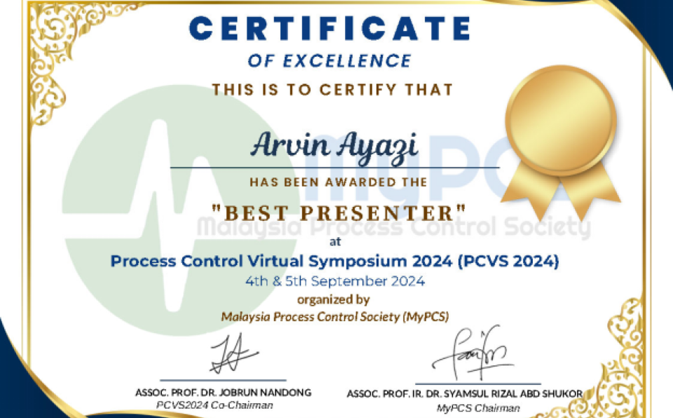 Chemical Engineering Student Receives Best Presentation Award at PCVS 2024 for Research on Acetone Production