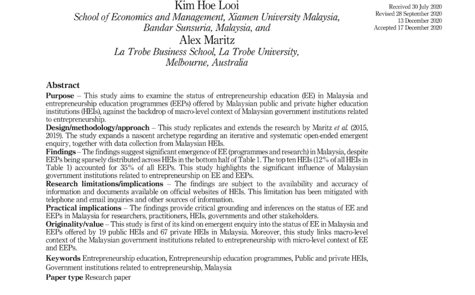 Dr. Looi Kim Hoe Publishes Article on Malaysia Entrepreneurship Education in SSCI Journal (1)