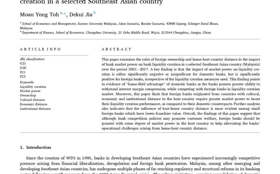 Dr. Toh Moau Yong Publishes in SSCI Journal (Finance Category)