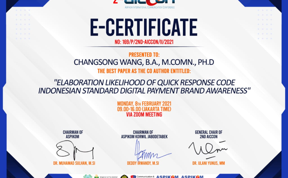 Dr. Wang Changsong Wins Best Paper Award at International Communications Conference