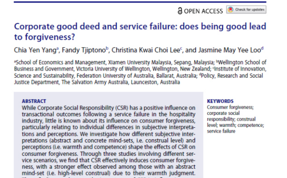 Dr. Yang Chia Yen Publishes in Journal of Hospitality Marketing & Management