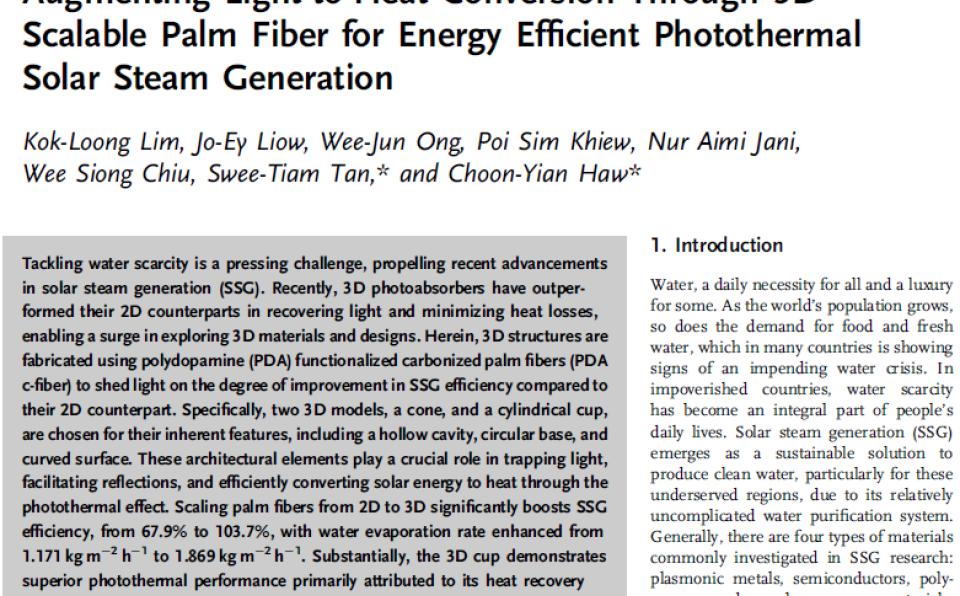 XMUM Team Publishes in Solar RRL on Solar Steam Generation